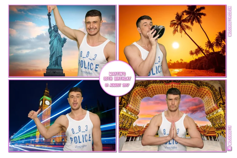 30th birthday party photo booth template encapsulates the birthday boy posing for selfies with various green screen backgrounds of New York, the Caribbean, Big Ben London and Thailand. 